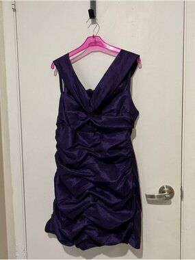 Purple satin Y2K mini dress with ruched detailing and V-neckline